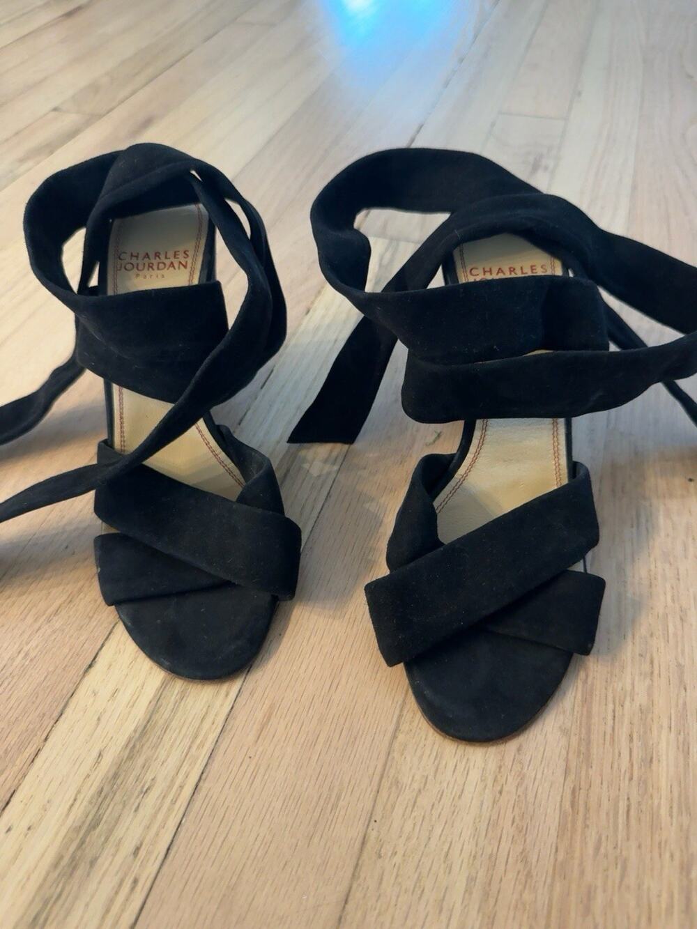 Charles Jourdan Women’s Black Leather Strappy Wedge Sandals Ankle Tie US 5.5